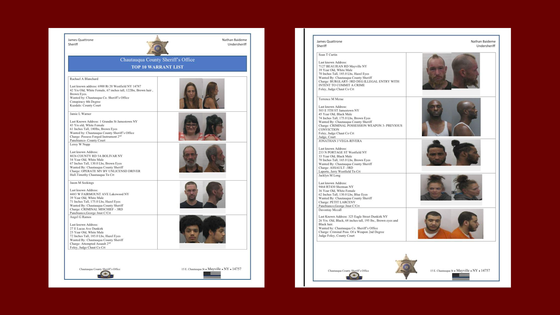 Chautauqua County Sheriff’s Office Releases Top 10 Most Wanted List