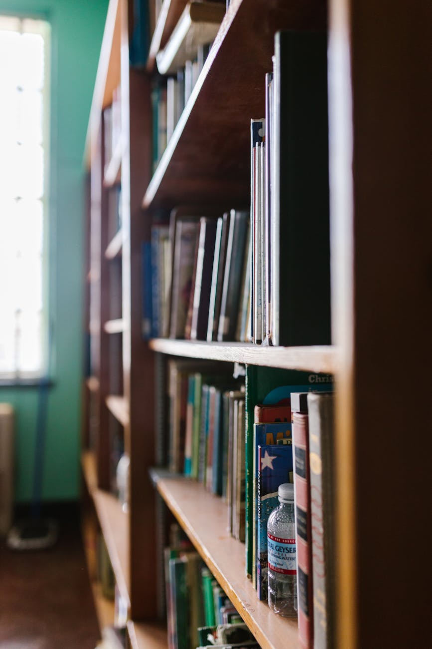 books on brown wooden bookcase