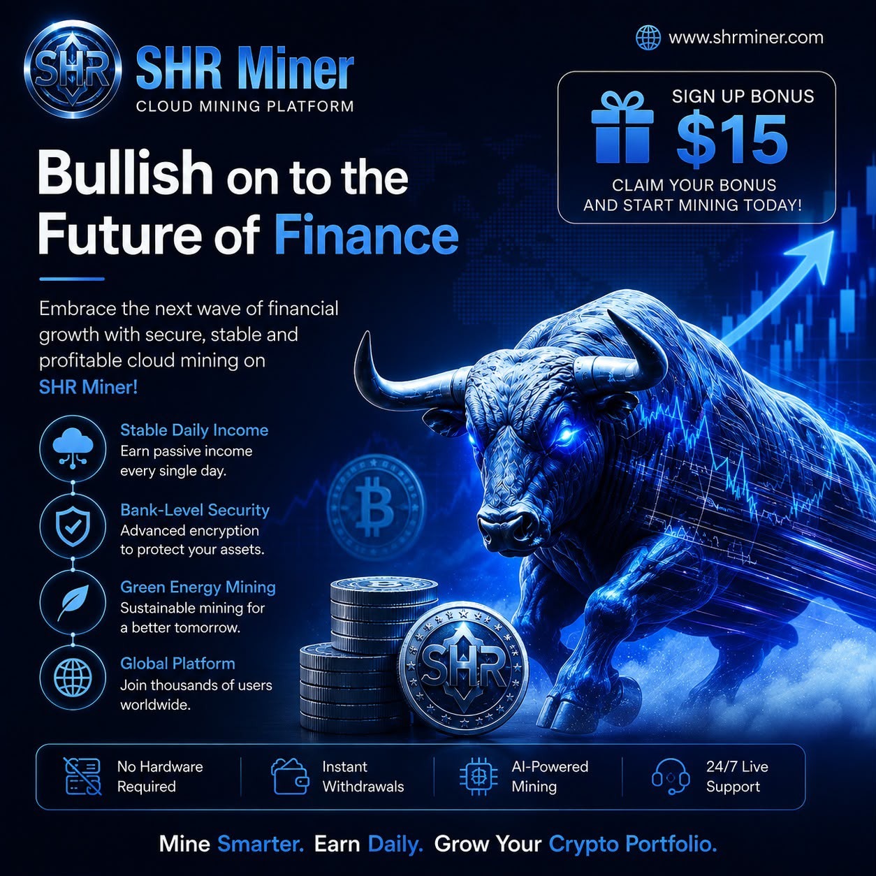 SHR Miner has launched a free cloud mining service for holders of BTC, XRP, and ETH, offering daily earnings of $10,700 or more